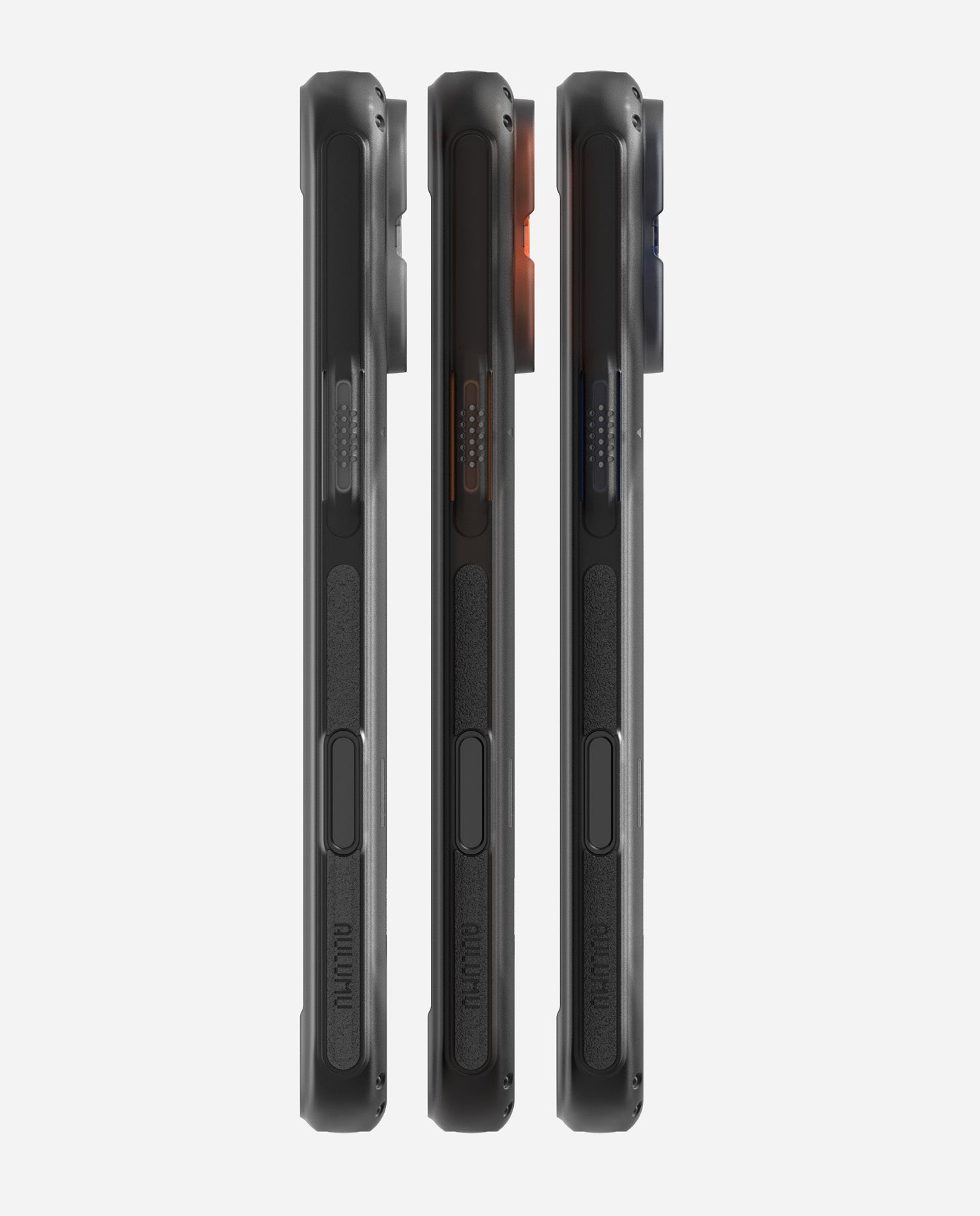 Side profiles of three AULUMU A17 rugged outdoor cases showing slim TPU frame and side button design