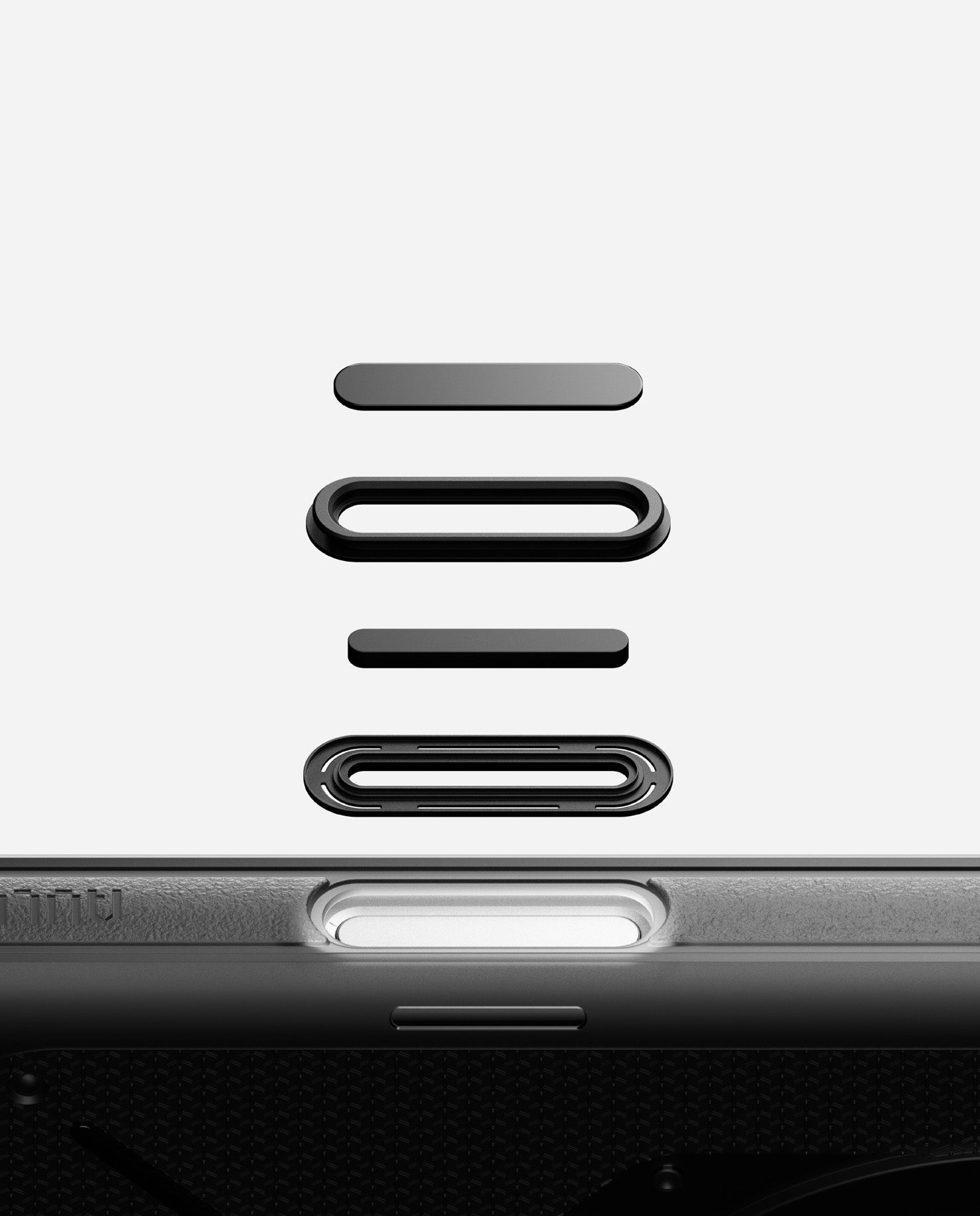 Touch-sensitive camera control button components of the AULUMU A17 rugged case displayed above the side frame