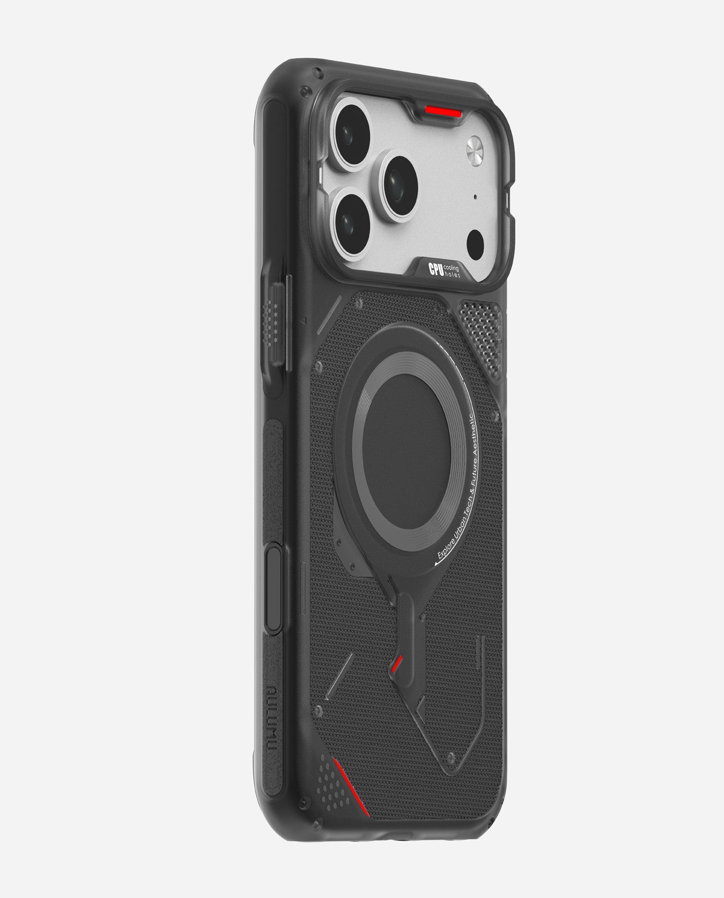 iPhone 17 Pro / Pro Max 三分之二后视图,置于AULUMU A17户外防摔MagSafe保护壳中