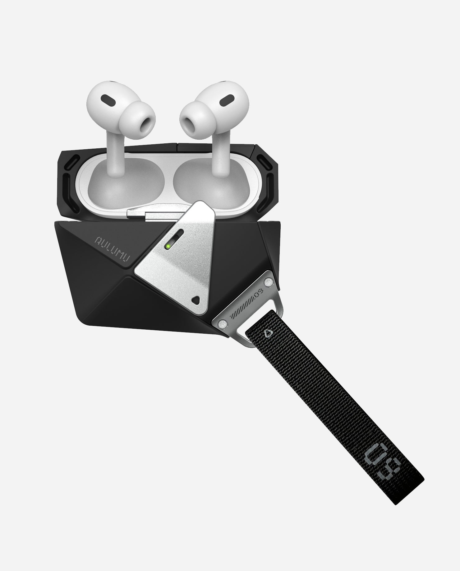 Open lid view of AULUMU A09 AirPods Pro case showing inner shell and visible front LED indicator