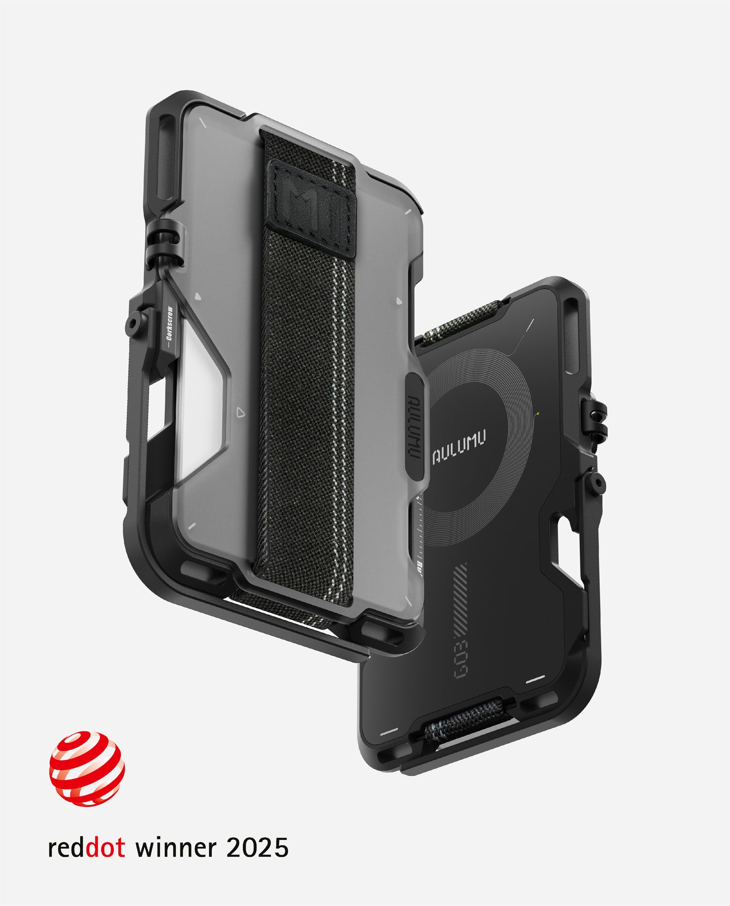 Front and back of black AULUMU G03 frosted metal wallet with elastic strap and Red Dot Award 2025 badge