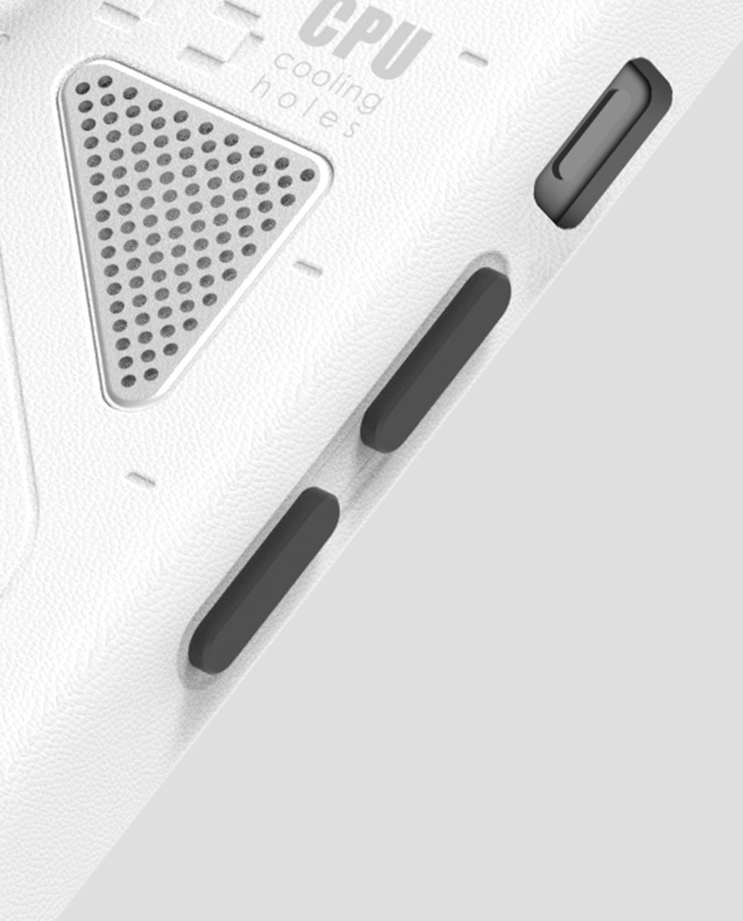 Angled back view of white AULUMU A05 vegan leather case for iPhone 14 Pro showing CPU cooling window vent