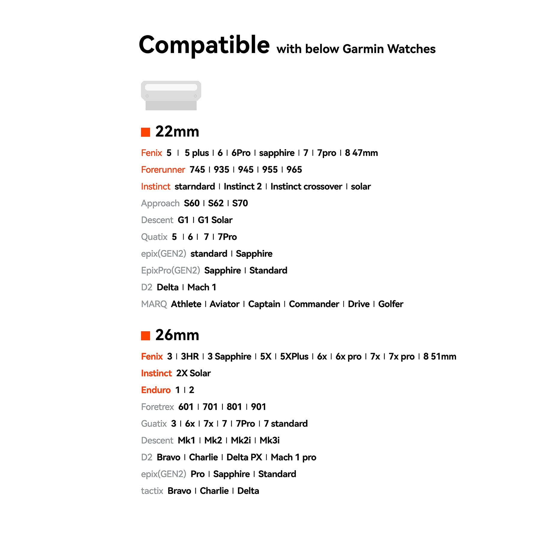Compatibility chart listing Garmin watch models supported by AULUMU C11 Mag Buckle Slim Band