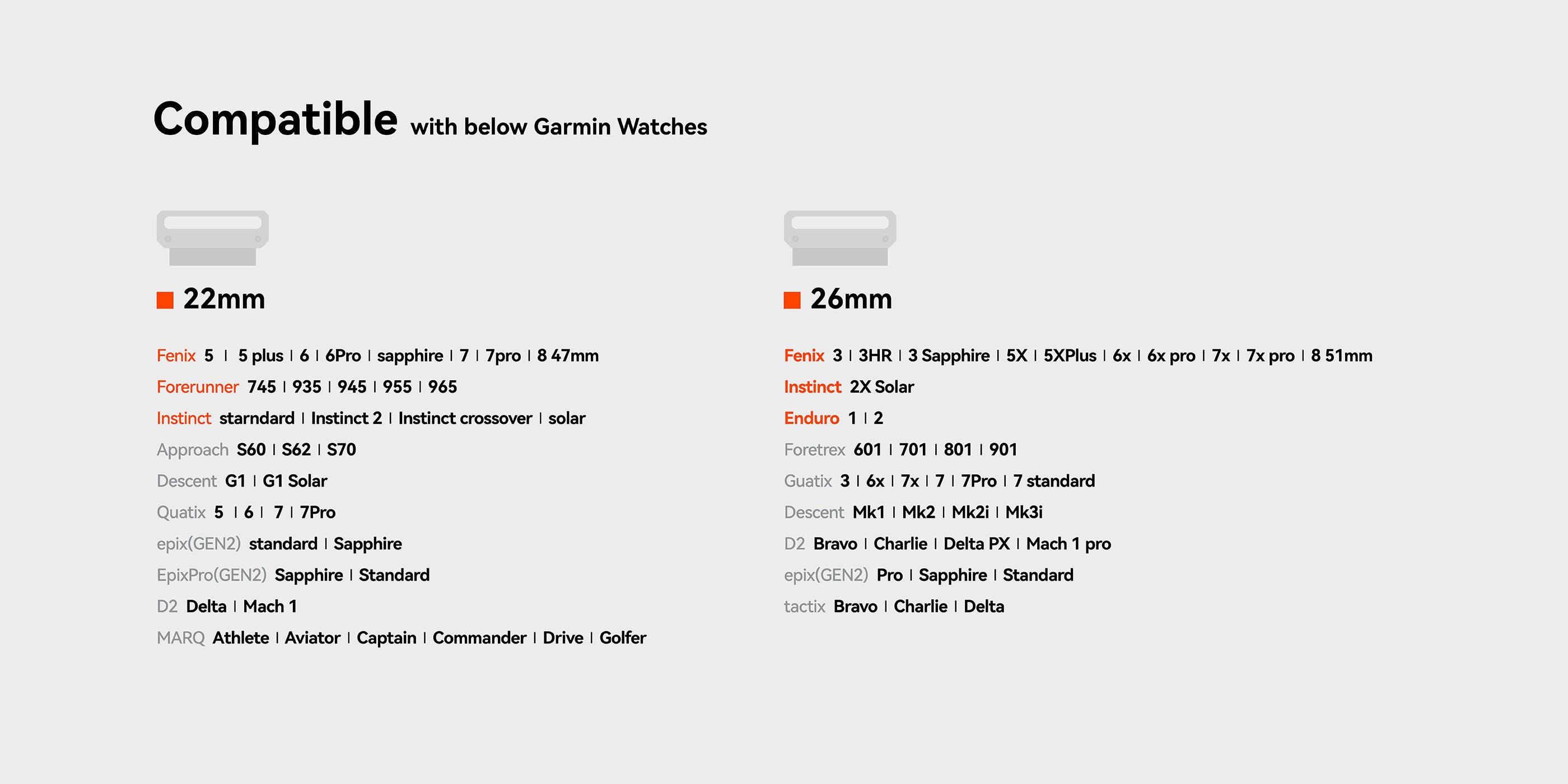 Compatibility chart listing Garmin watch models supported by AULUMU C11 Mag Buckle Slim Band