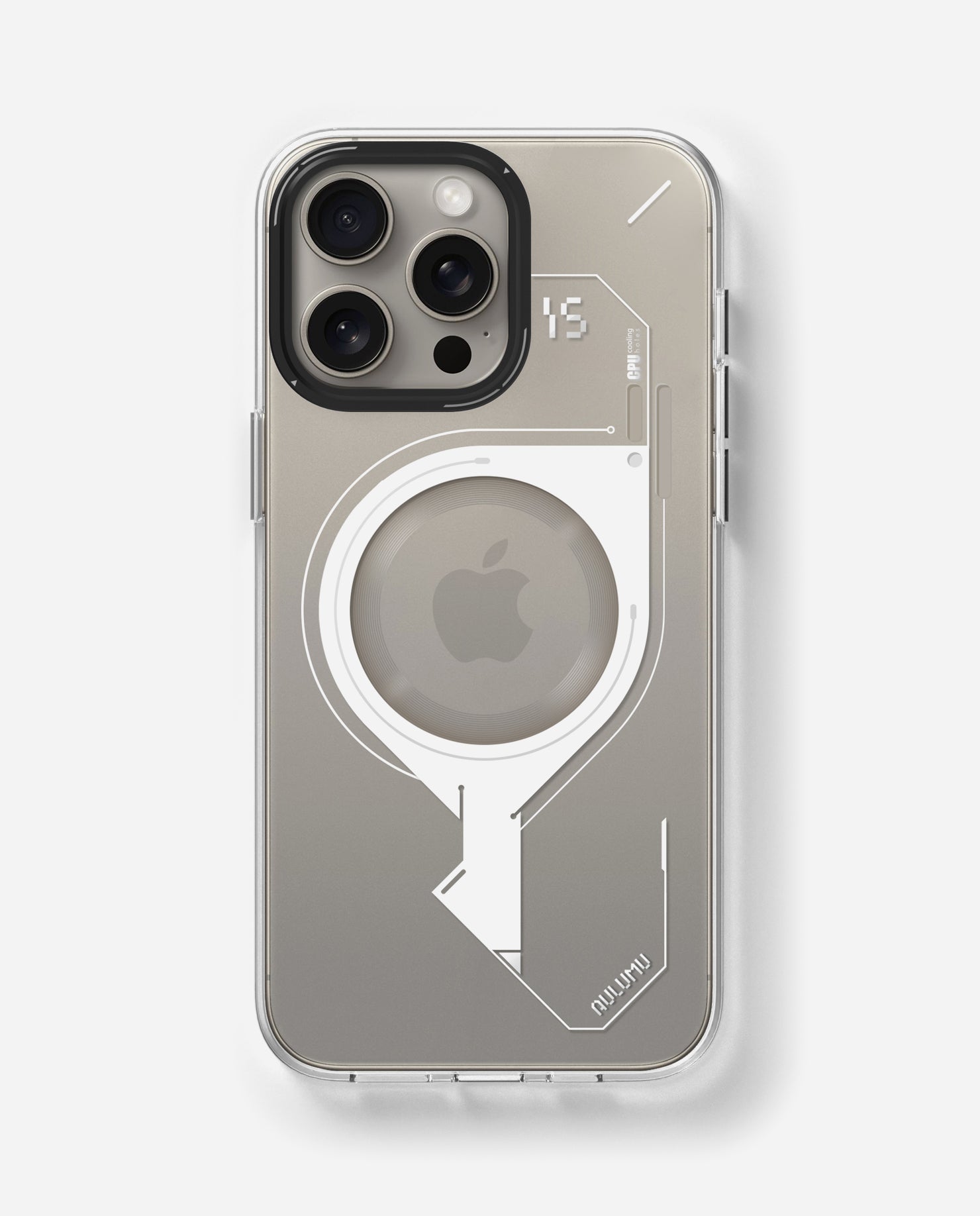 AULUMU A15 crystal clear case for iPhone 15 Pro with cooling window and MagSafe ring, rear view