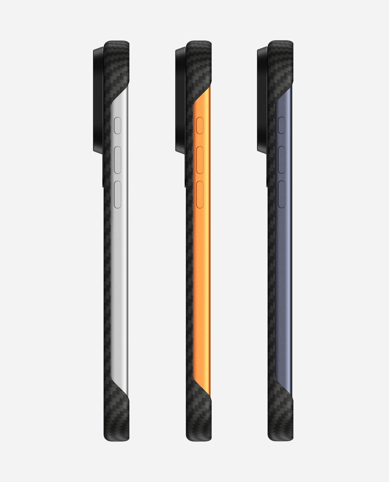 Multiple iPhone 17 Pro series devices using AULUMU A17 aramid fiber MagSafe cases