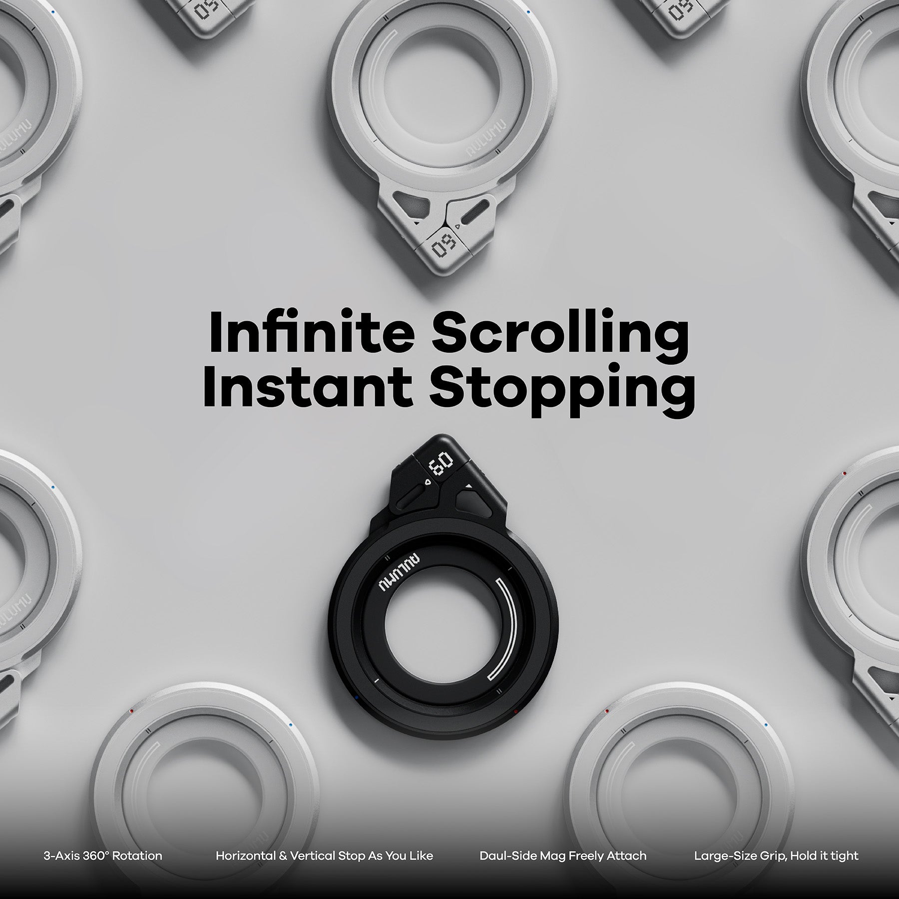 black and silver aulumu G09 Infinite 360° MagSafe stands around text Infinite Scrolling Instant Stopping
