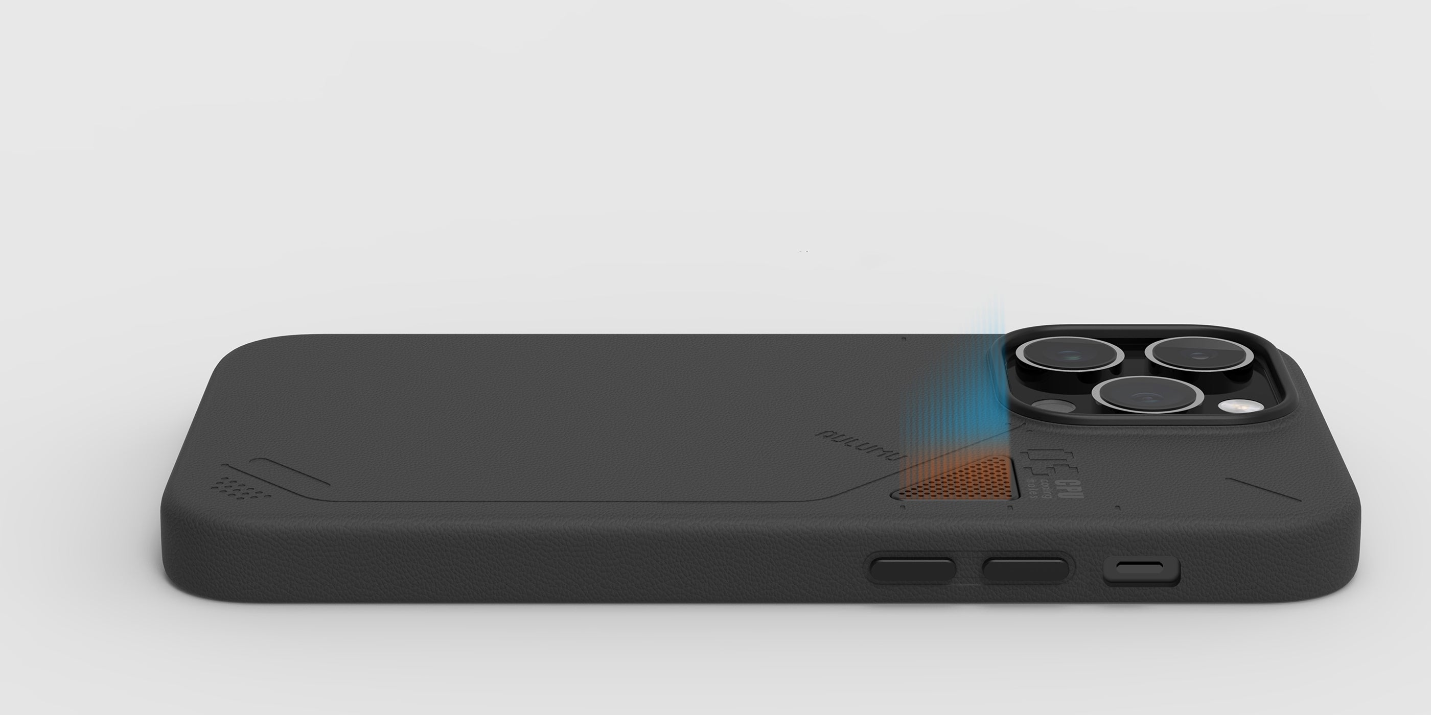 Black AULUMU A05 vegan leather case for iPhone 14 Pro lying flat with colored airflow showing cooling vent