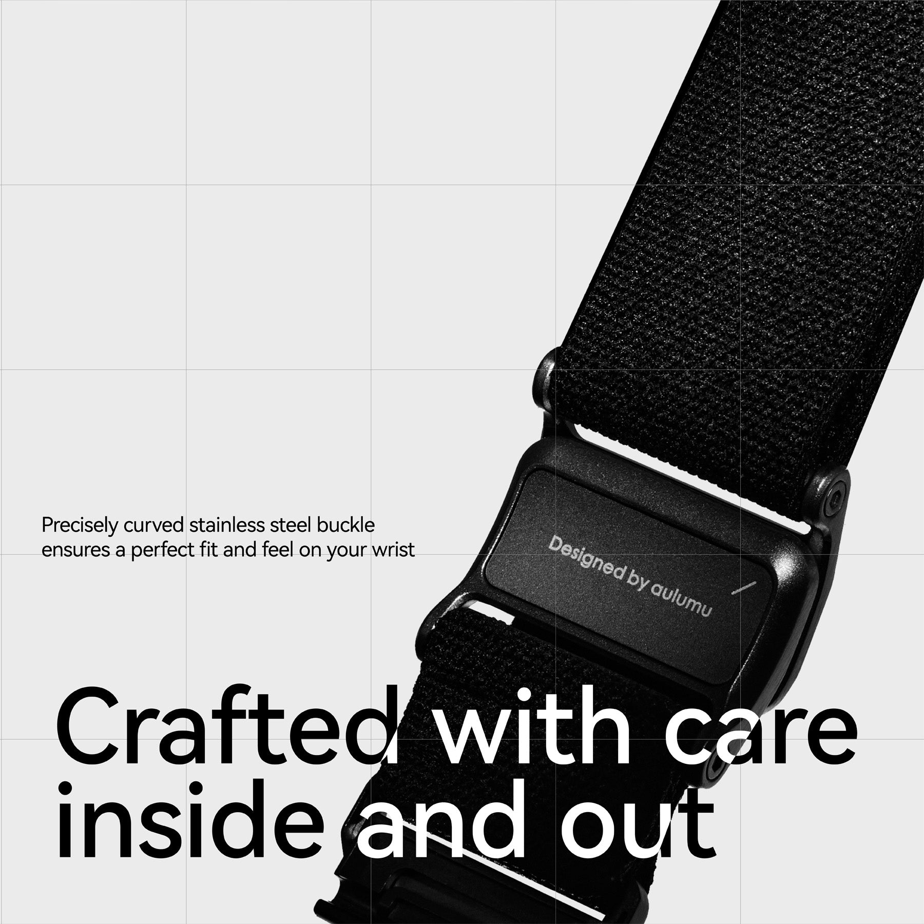 Back view of AULUMU C11 Slim Band buckle showing curved stainless steel clasp and woven strap