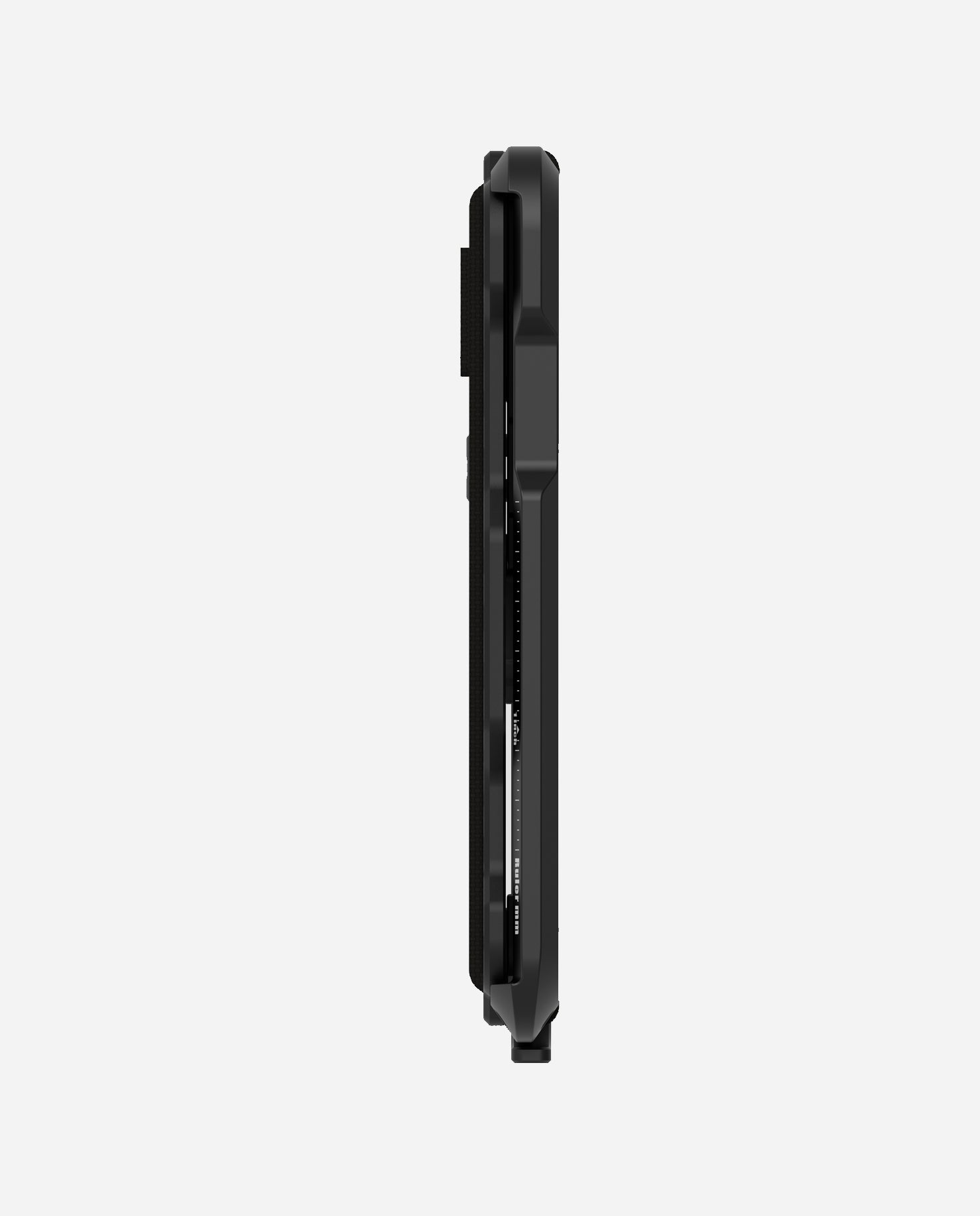 Slim side view of the AULUMU G03 carbon fiber MagSafe wallet with elastic grip strap