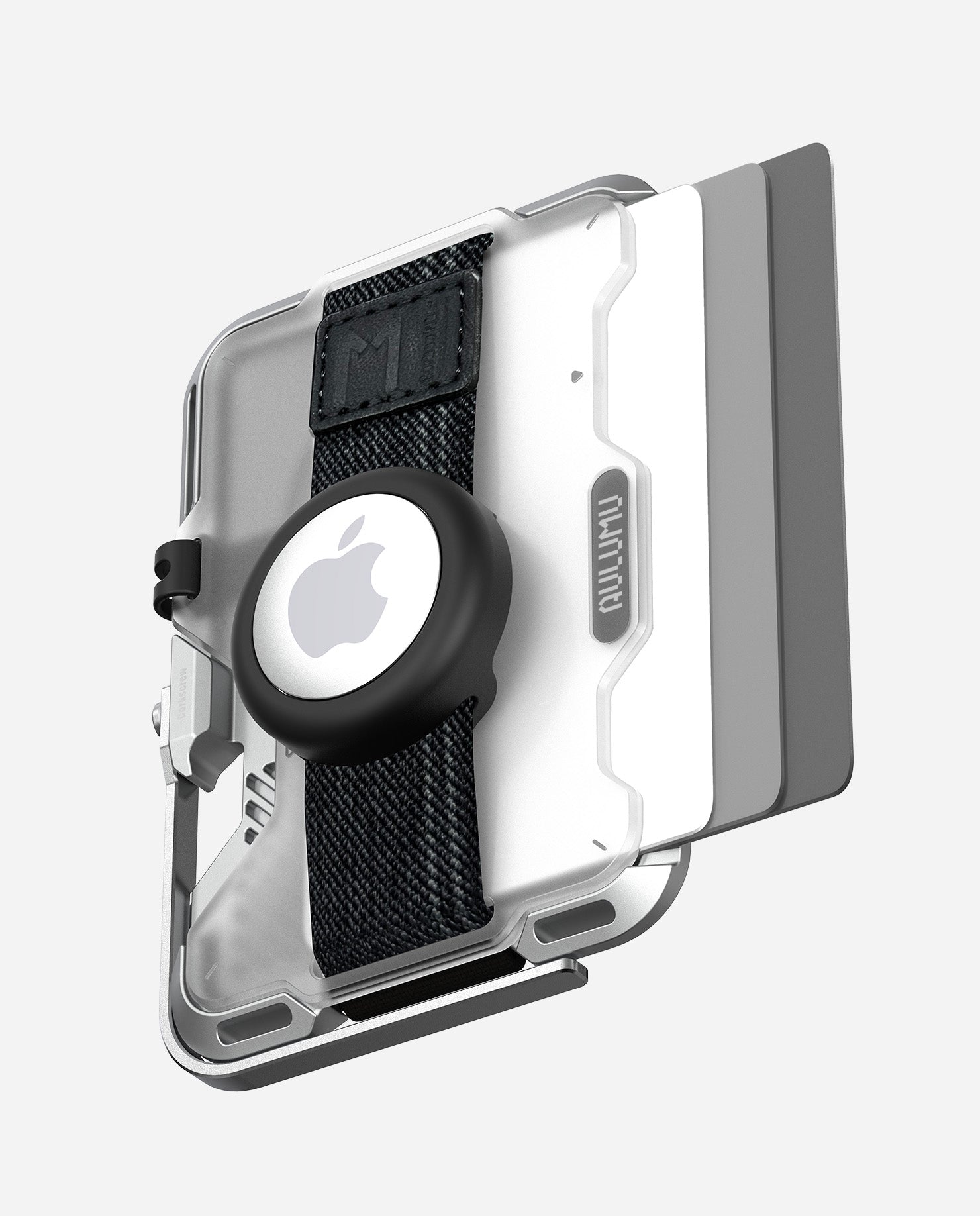 Silver AULUMU G03 magnetic wallet with AirTag holder and layered cards demonstrating RFID protection area