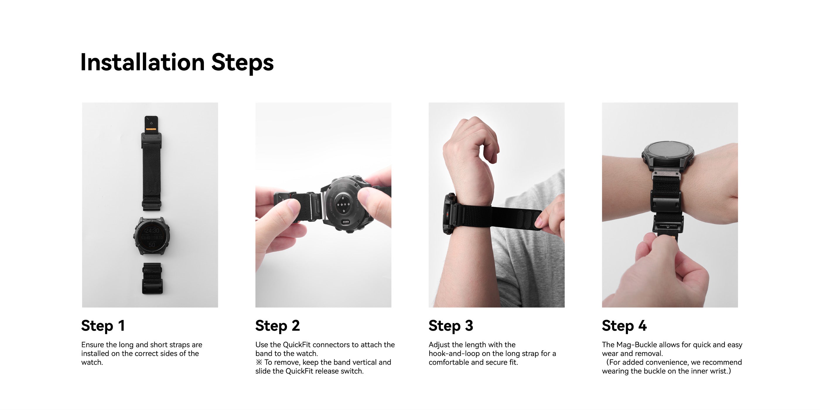Installation steps for AULUMU C11 Mag Buckle Slim Band on Garmin watch, step-by-step graphic
