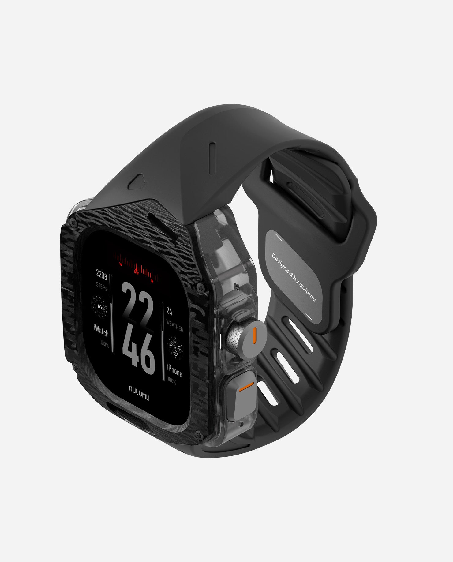 Side-front view of AULUMU A01 carbon fiber case with black FKM band, highlighting crown guard and buttons.