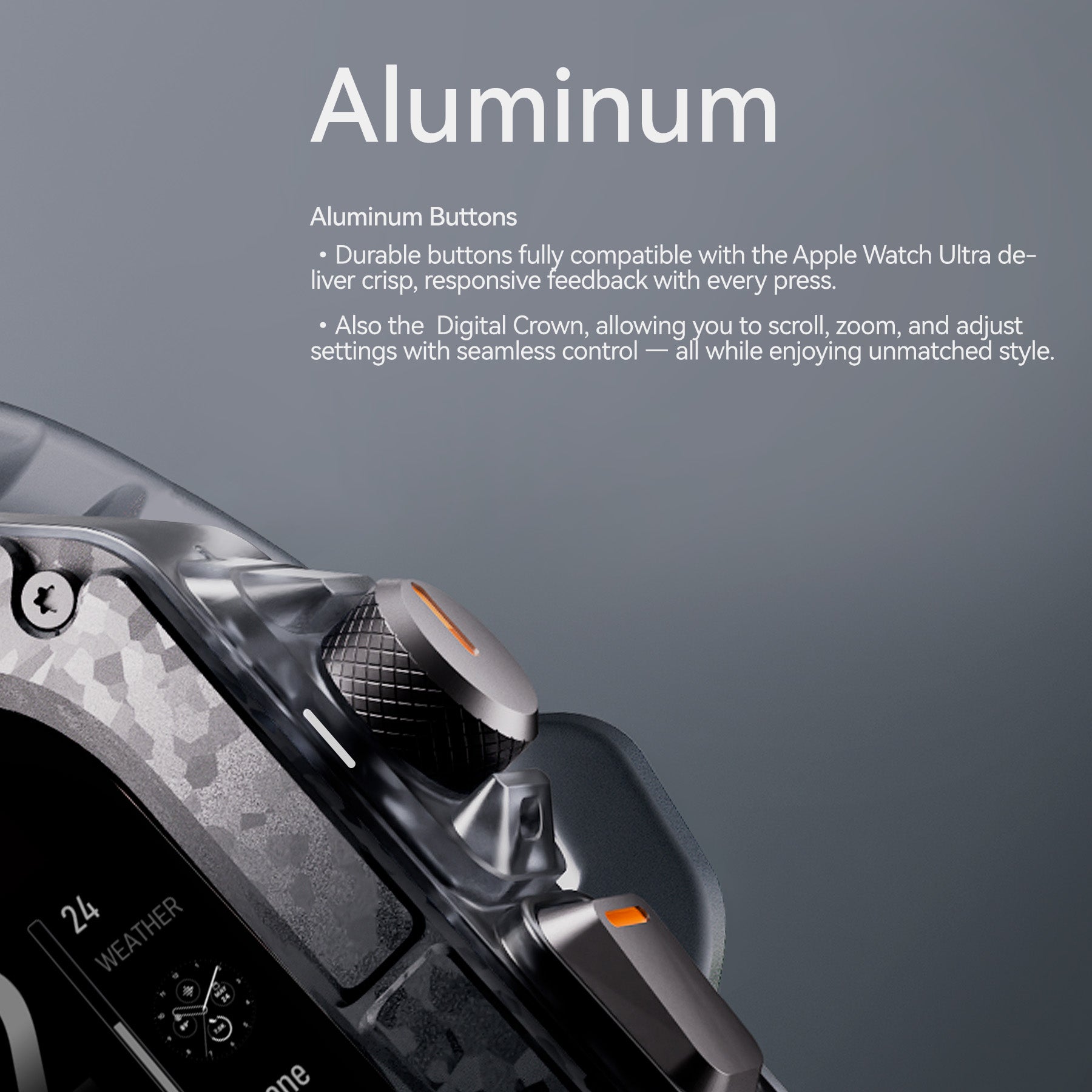 Close-up of AULUMU A01 carbon fiber bezel and clear PC shell around Apple Watch Ultra crown and buttons with Aluminum Buttons headline