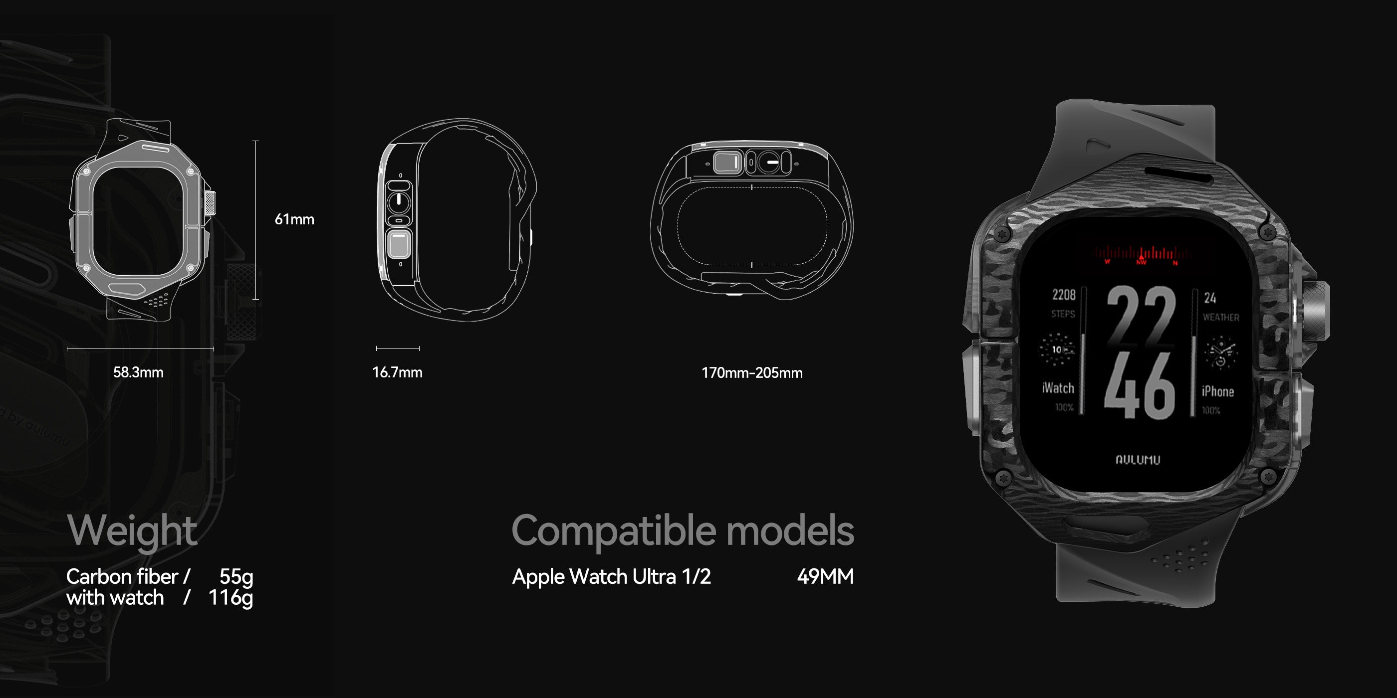 Technical drawing of AULUMU A01 Apple Watch Ultra case with dimensions, weight information and compatible models next to the assembled watch