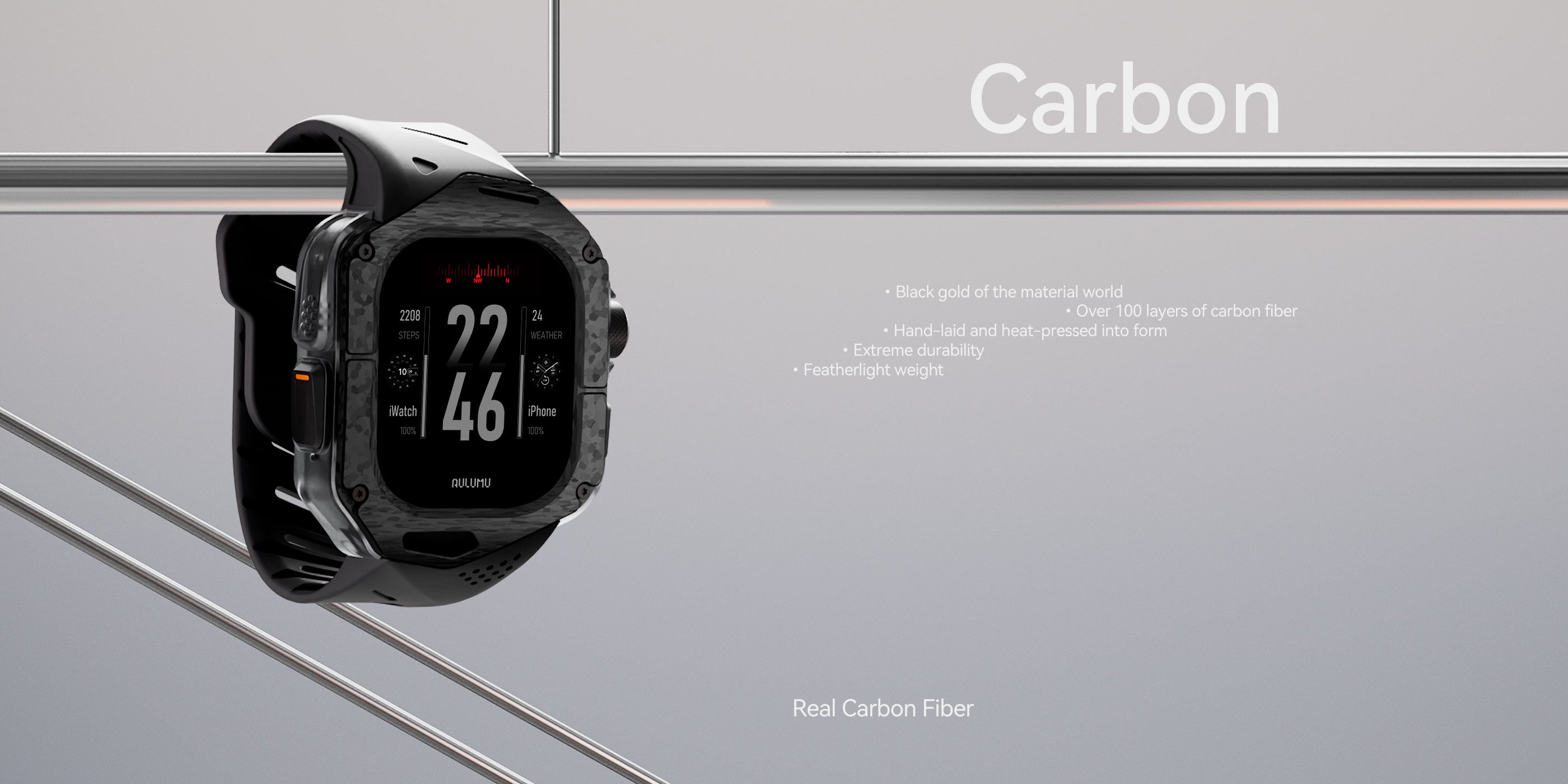 Side view of AULUMU A01 real carbon fiber Apple Watch Ultra case and FKM band resting on metal rods, highlighting lightweight multi-layer carbon construction
