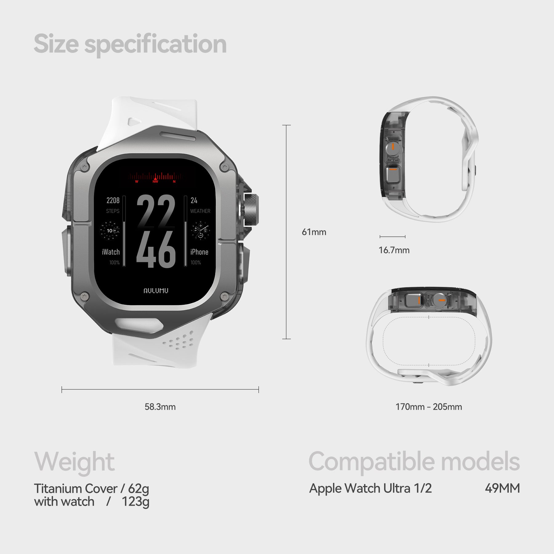 Technical specifications of AULUMU A01 including dimensions, materials and Apple Watch Ultra compatibility