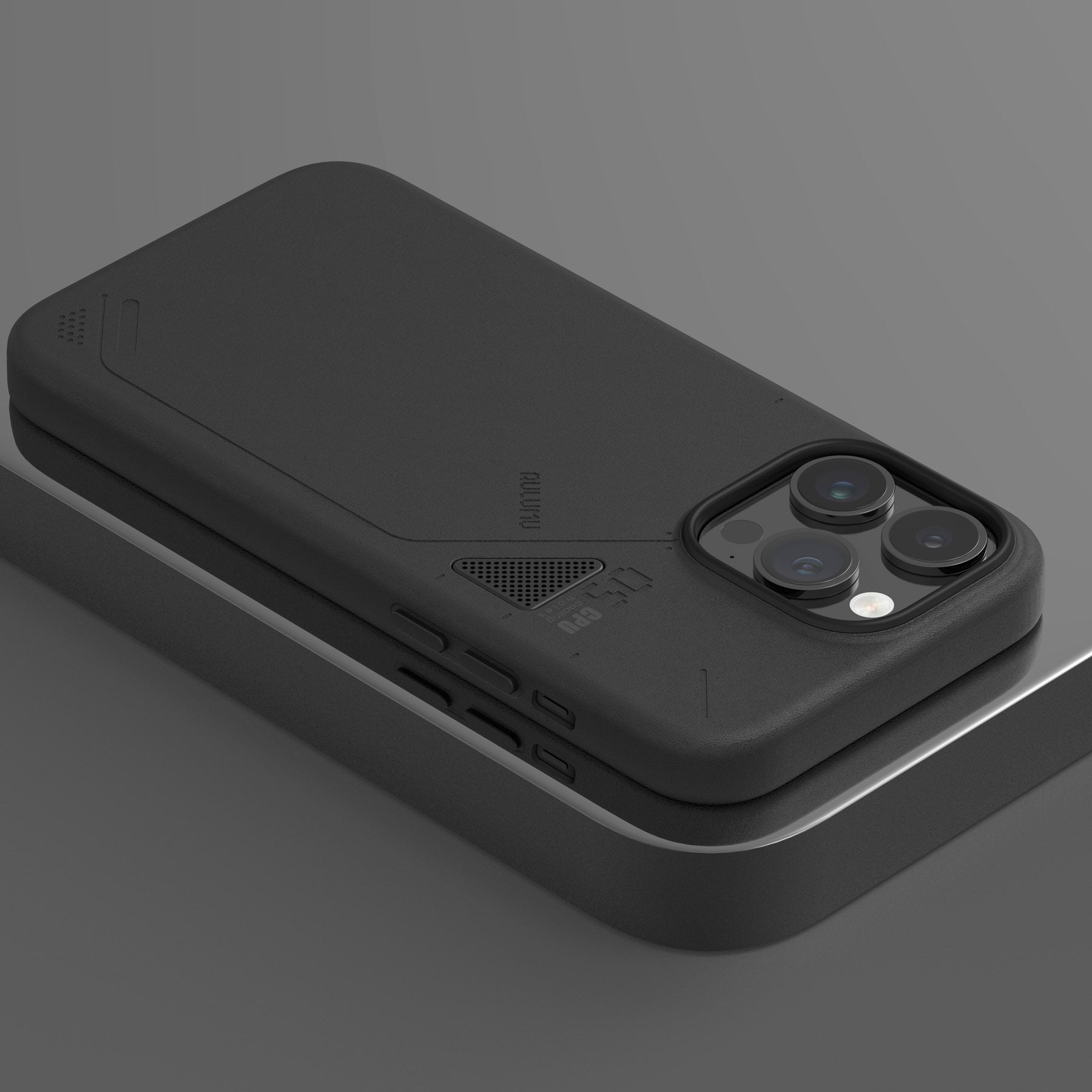 Square close-up of black AULUMU A05 vegan leather case for iPhone 14 Pro with textured finish and vents