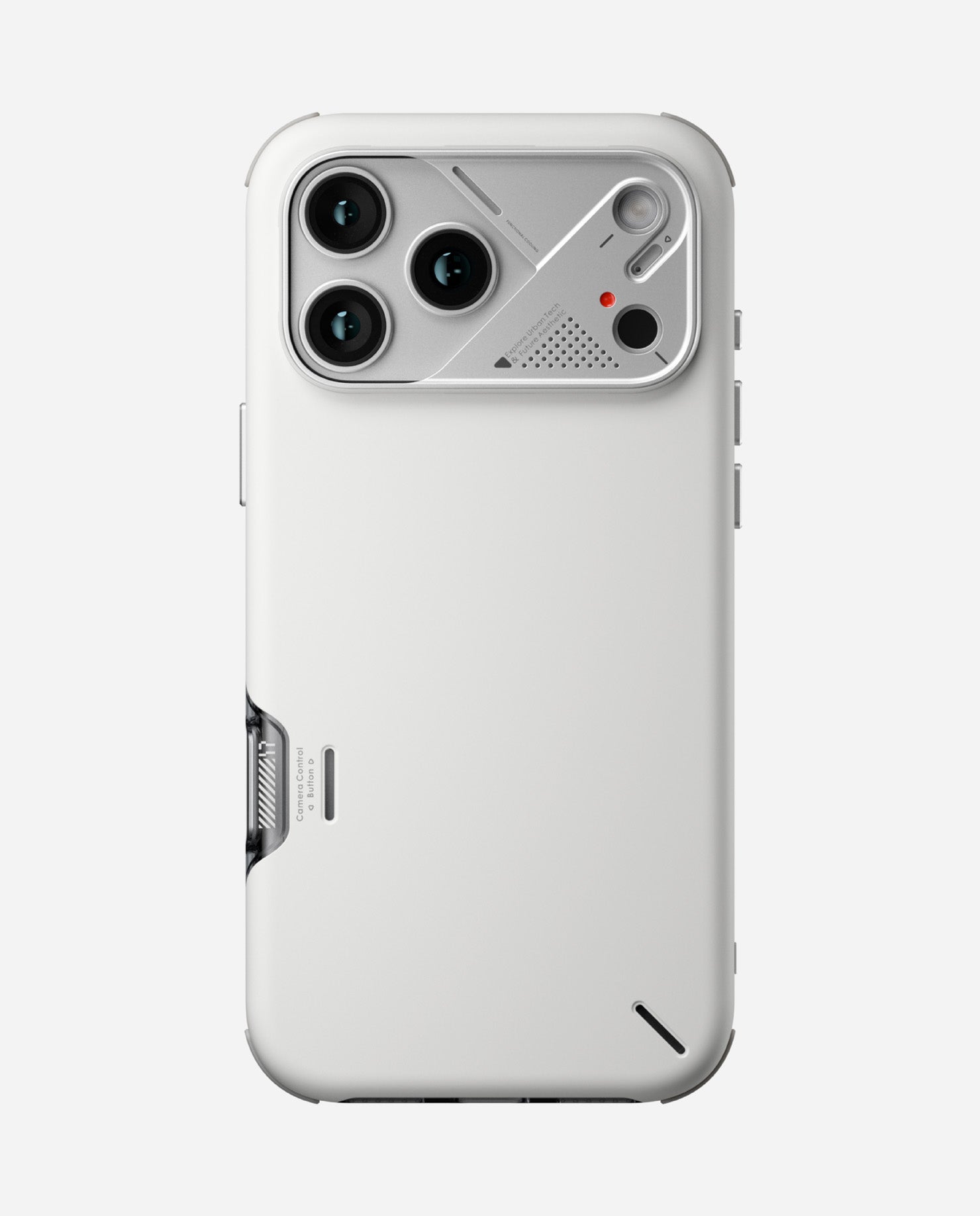 Back view of the **AULUMU A17 case for iPhone 17 (white)** featuring a slim protective shell and raised camera shield with a futuristic panel design.
