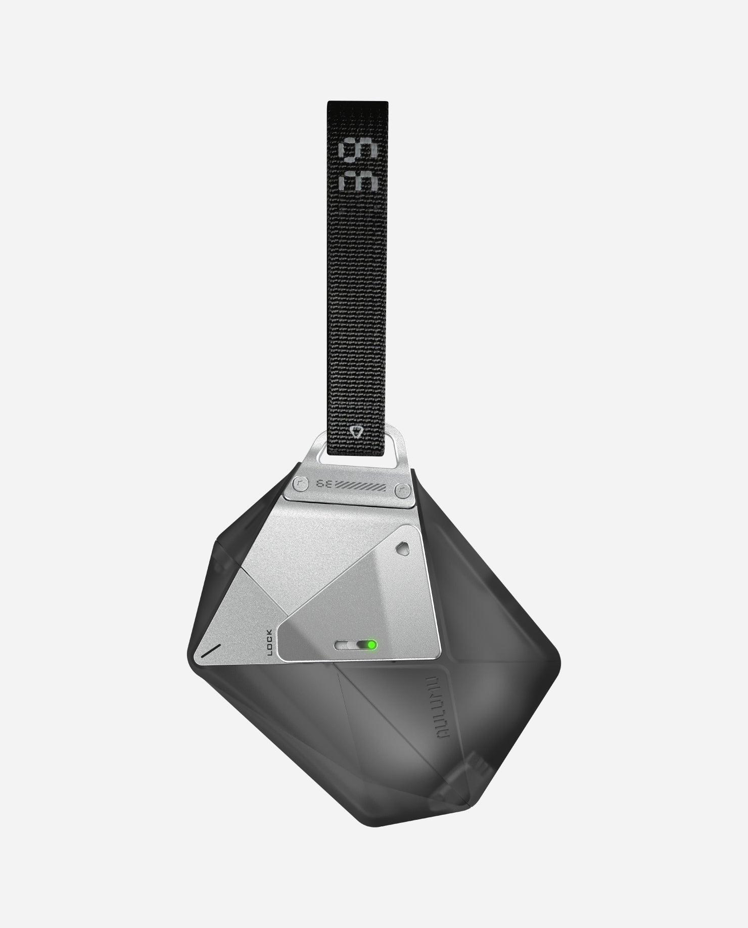 AULUMU A39 geometric AirPods Pro 3 case in Translucent Gray suspended from the adjustable lanyard