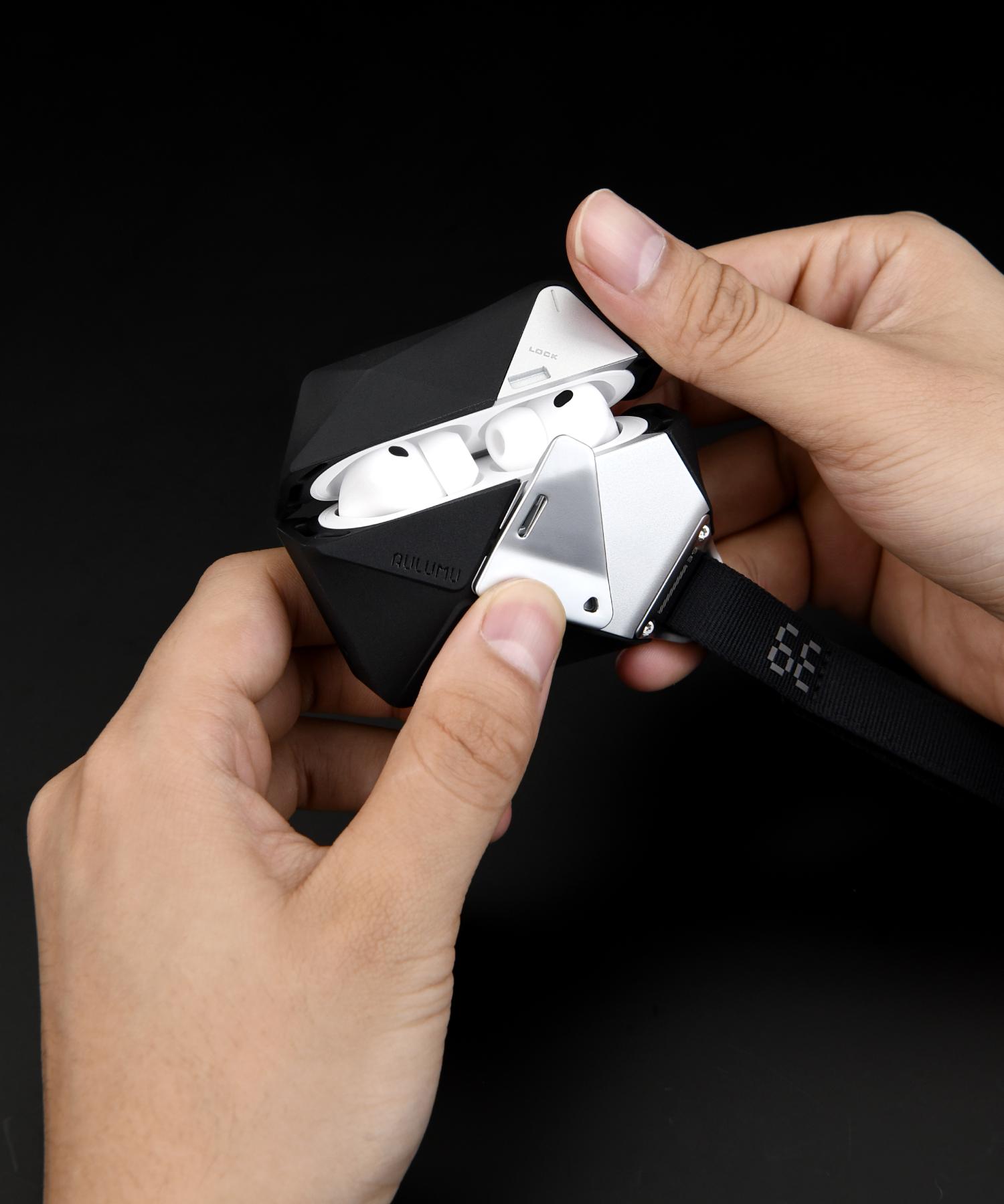 AULUMU A39 geometric case for AirPods Pro 3 with a zinc alloy lock and detachable lanyard.
