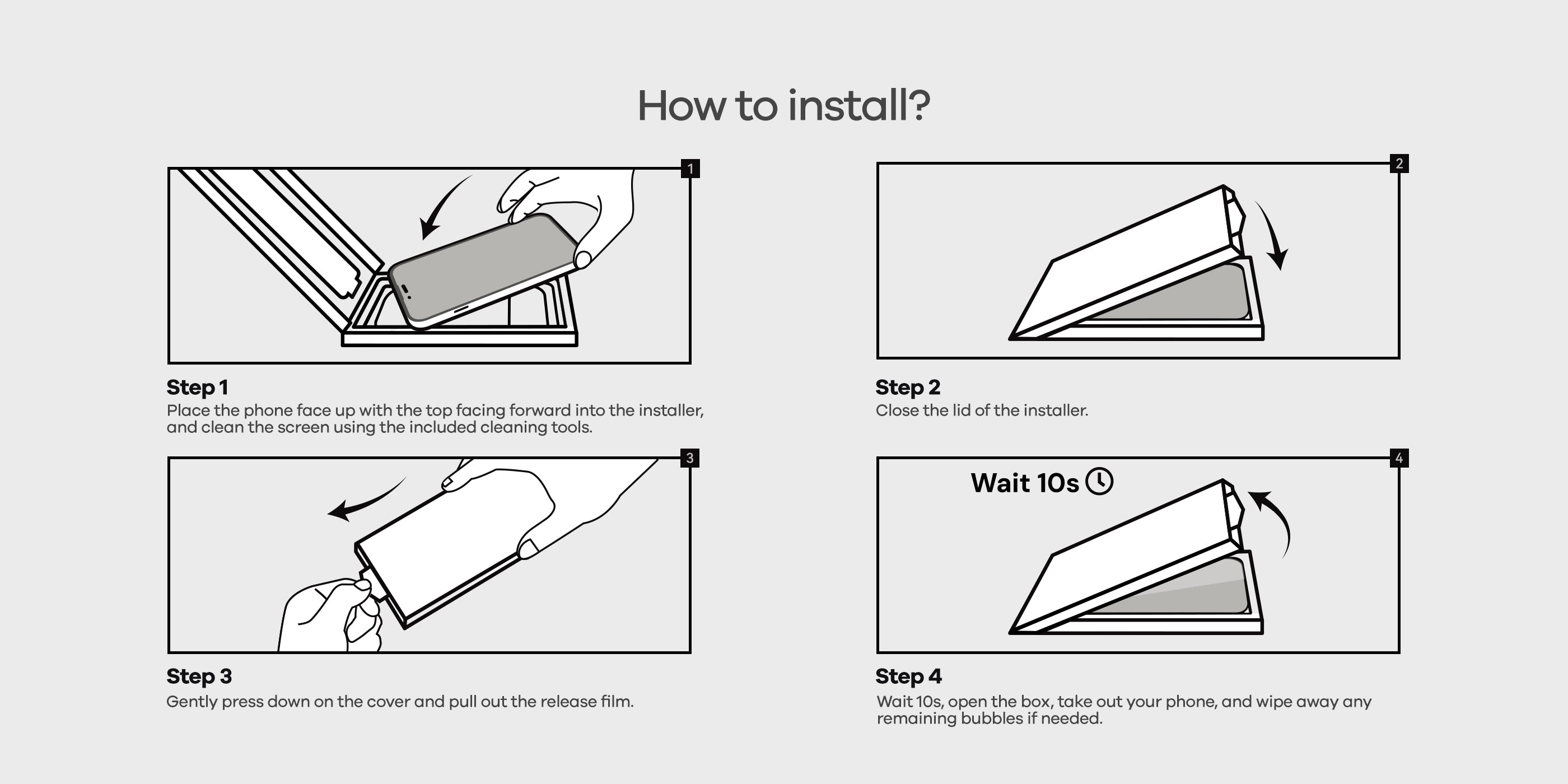 Four-step graphic guide showing how to install the AULUMU AF01 screen protector using the eco installer box