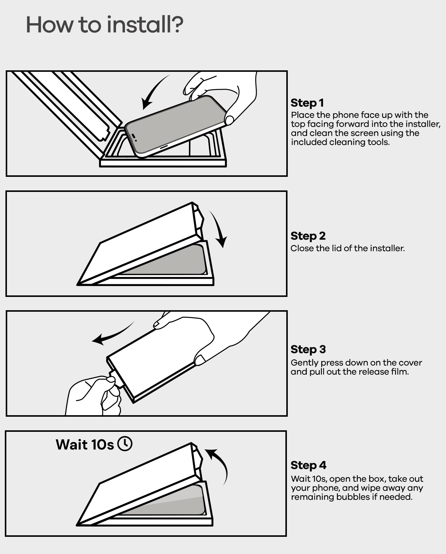 Four-step graphic guide showing how to install the AULUMU AF01 screen protector using the eco installer box