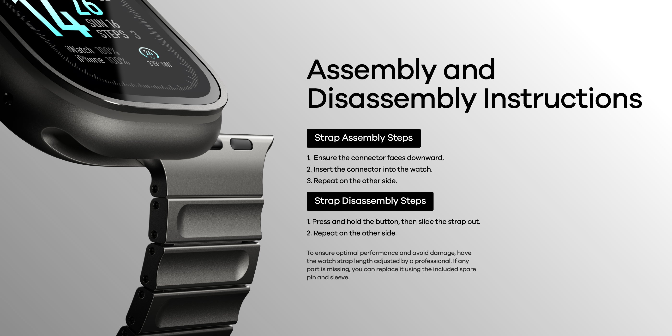 AULUMU C01 titanium alloy watch band assembly and disassembly instructions next to close-up of Apple Watch