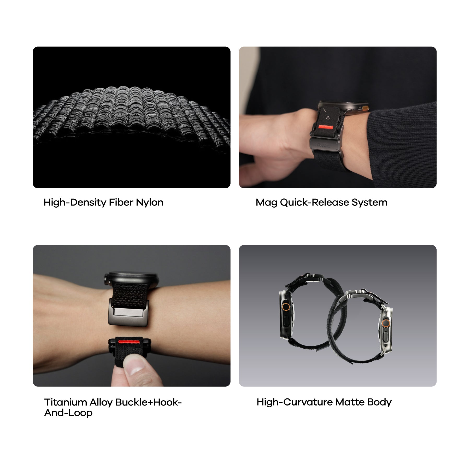 Four square tiles showing AULUMU C03 features: fiber nylon, mag quick-release, titanium buckle, matte body