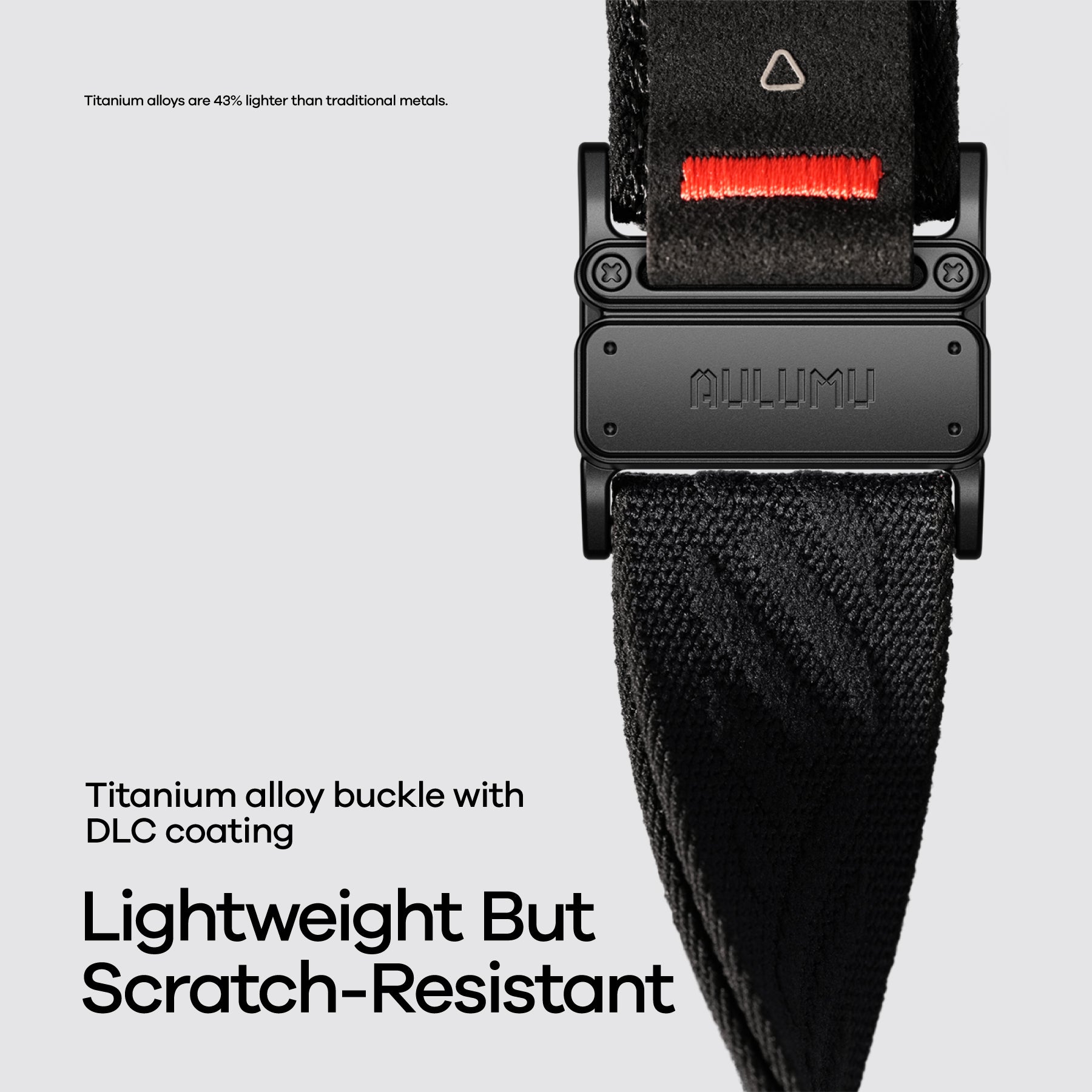 Square crop of AULUMU C03 black titanium buckle with DLC coating, lightweight and scratch-resistant