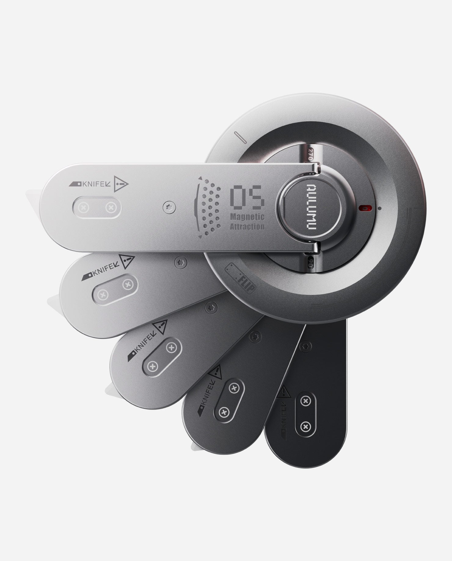 AULUMU G05 Air 5‑in‑1 MagSafe phone kickstand with integrated spinner and protractor shown in use.
