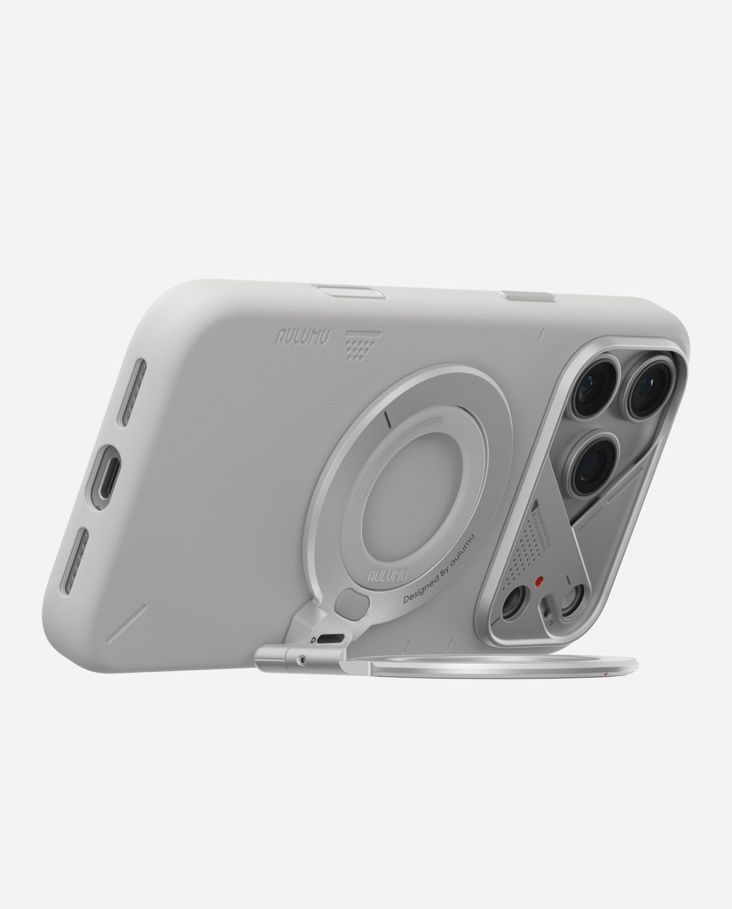 AULUMU G09 Infinite 360° MagSafe stand showcasing its three‑axis rotating ring design for hands‑free phone viewing.
