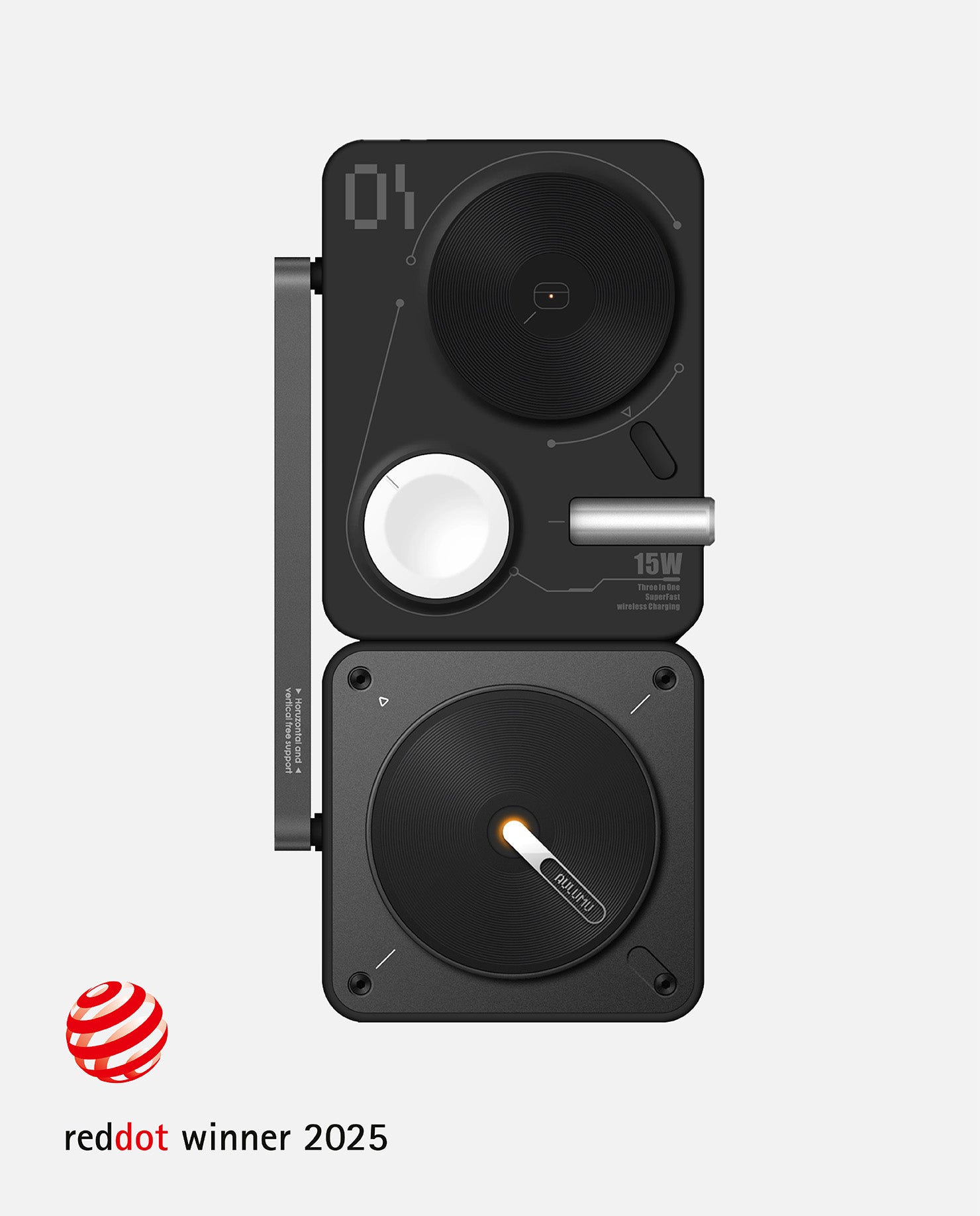 AULUMU M01 adjustable MagSafe charging stand with integrated 15 W wireless charging pad.
