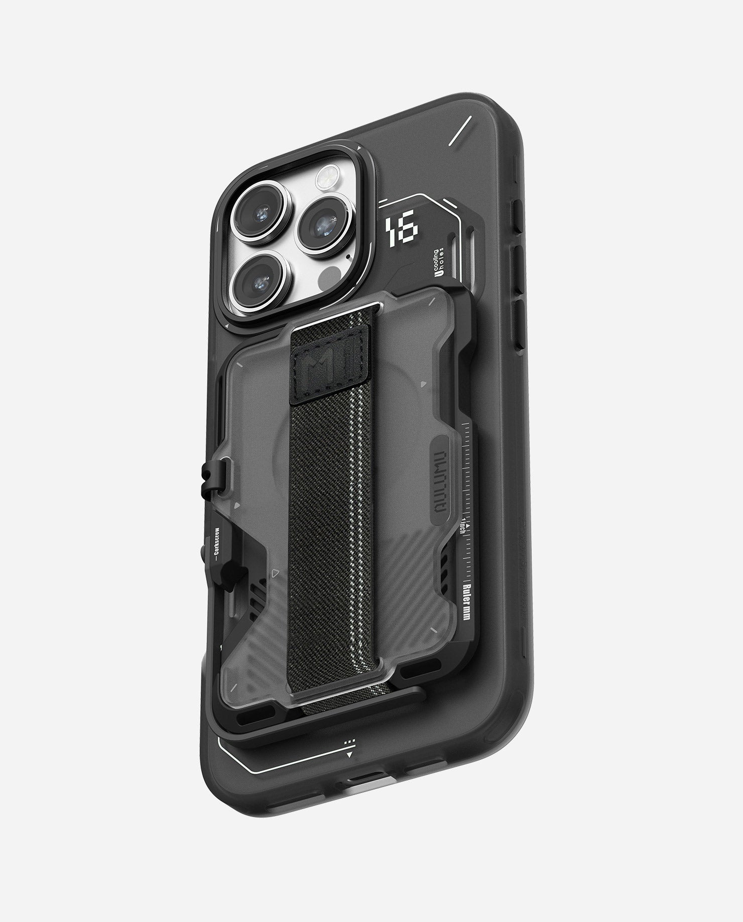 AULUMU G03 frosted MagSafe wallet attached to an iPhone, showing secure magnetic fit and industrial design